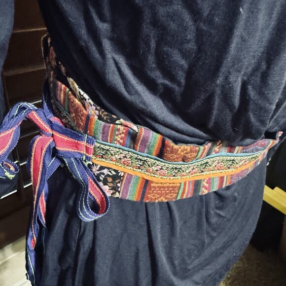 Anthropologie A Common Thread Blouse Obi Patchwork Belt Sash Boho Navy Blue Top - Picture 5 of 7